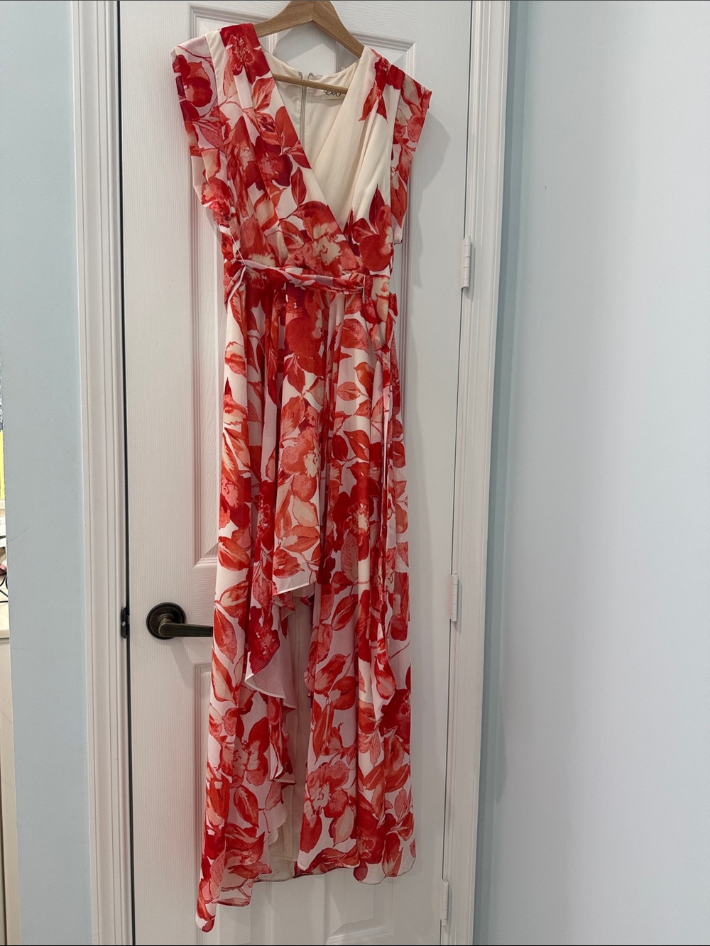 Eliza J Red and White Floral High-Low maxi dress